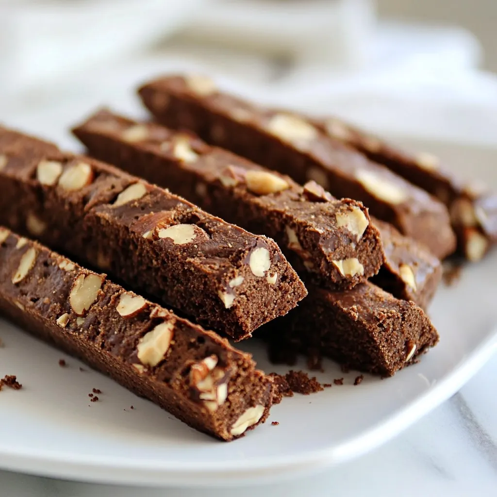 To make your chocolate hazelnut biscotti, you will need: - 1 cup hazelnuts, toasted and coarsely chopped - 1 cup all-purpose flour - 1/2 cup unsweetened cocoa powder - 1 teaspoon baking powder - 1/2 teaspoon salt - 2 large eggs - 1 cup granulated sugar - 1 teaspoon vanilla extract - 1/2 cup dark chocolate chips - Zest of 1 orange (optional) When baking, you need a few key items: - Mixing bowls: One large and one medium work best. - Measuring cups and spoons: Accurate measurements are key for success. - Electric mixer: This helps to whip eggs and sugar quickly. - Parchment paper: It keeps the biscotti from sticking to the baking sheet. - Serrated knife: Perfect for slicing the baked logs into biscotti. To give your biscotti a unique twist, try adding: - Zest of 1 orange: This adds a fresh, bright flavor. - Different nuts: You can swap hazelnuts for almonds or pecans. - Spices: A pinch of cinnamon or espresso powder can enhance the taste. These ingredients will help you create a tasty treat that stands out. Enjoy mixing and baking! {{ingredient_image_2}} 1. Preheat your oven to 350°F (175°C). Line a baking sheet with parchment paper. This helps to keep the biscotti from sticking. 2. In a medium bowl, mix together the flour, cocoa powder, baking powder, and salt. Whisk them well and set this aside. 3. In a large bowl, beat the eggs and sugar. Use an electric mixer on medium speed for 2-3 minutes. You want it to look pale and fluffy. 4. Add the vanilla extract and orange zest if you're using it. This adds a nice flavor. 5. Slowly mix the dry ingredients into the wet ingredients. Just combine them; don't overmix! This keeps your biscotti tender. 6. Fold in the hazelnuts and dark chocolate chips gently. Make sure they spread evenly in the dough. 7. Lightly flour your work surface. Place the dough on it and shape it into two logs. Each log should be about 12 inches long and 2 inches wide. 8. Put the logs on the baking sheet. Leave about 3 inches between them. They need room to grow while baking. 9. Bake for 25-30 minutes, until firm and a bit cracked. Let them cool on the sheet for 10 minutes. 10. Use a serrated knife to slice the logs. Cut diagonally into 1/2 inch thick pieces. This gives you the classic biscotti shape. 11. Turn the sliced pieces cut side up. Put them back on the baking sheet for a second bake. This makes them crispy. 12. Bake the sliced biscotti for another 10-12 minutes. Look for a golden color and a nice crunch. 13. Finally, let the biscotti cool completely on a wire rack. This extra cooling time helps to enhance their crunchiness. Toasting hazelnuts brings out their rich flavor. First, preheat your oven to 350°F (175°C). Spread the hazelnuts in a single layer on a baking sheet. Bake them for about 10-12 minutes. Keep an eye on them to prevent burning. When they turn golden and smell nutty, they are ready. Let them cool before chopping. Toasted hazelnuts add depth to your biscotti. Many home cooks make a few common mistakes. First, don’t overmix the dough. Overmixing can lead to tough biscotti. Mix just until the dry and wet ingredients combine. Second, make sure the biscotti logs have enough space on the baking sheet. They will expand while baking. Lastly, be careful when slicing. Use a serrated knife for clean cuts. This helps maintain the biscotti shape. You can elevate your biscotti with a few extra ingredients. Adding orange zest gives a fresh, bright taste. You can also mix in spices like cinnamon or nutmeg for warmth. If you're a fan of nuts, try adding chopped almonds or pecans. For a sweeter touch, consider white chocolate chips. These additions can make your chocolate hazelnut biscotti unique and delightful. Pro Tips Use Fresh Hazelnuts: Ensure your hazelnuts are fresh and toasted for maximum flavor. Toasting enhances their nutty aroma and crunch. Don’t Overmix: Mix the dough just until combined to maintain a tender texture. Overmixing can lead to tough biscotti. Slice with Care: Use a serrated knife to slice the logs for clean edges. A gentle sawing motion helps prevent the biscotti from crumbling. Double Bake for Crunch: The second bake is essential for achieving the perfect crunch. Keep an eye on them to avoid burning. {{image_4}} You can change the taste of your biscotti by swapping out hazelnuts for other nuts. Almonds, walnuts, or pecans work well. Each nut brings its own flavor. You can also spice it up! Try adding cinnamon or nutmeg for warmth. A dash of espresso powder can enhance the chocolate taste. If you want a fruity note, add dried cherries or cranberries. Each twist makes the biscotti unique. Choosing between milk and dark chocolate can change the whole vibe of your biscotti. Dark chocolate gives a rich, bold taste, while milk chocolate adds sweetness and creaminess. You could even mix both for a fun surprise. If you want to go a step further, use white chocolate for a sweeter touch. Experiment with chocolate types to find your favorite flavor combo. Biscotti can be made in different styles. The traditional style is simple and crunchy. If you like a sweeter option, try glazing them with melted chocolate. This adds a lovely shine and extra sweetness. You might also sprinkle some sea salt on top for a salty-sweet balance. Another fun style is to dip half in chocolate for a fun look. No matter the style, each bite is sure to please! To keep your biscotti fresh, store them in an airtight container. This method helps to maintain their crunch. You can layer the biscotti between parchment paper to prevent them from sticking. Keep the container in a cool, dry place. Avoid direct sunlight to maintain their flavor and texture. Freezing biscotti is a great option for longer storage. To freeze, first let the biscotti cool completely. Then, wrap each piece in plastic wrap. Place the wrapped biscotti in a freezer-safe bag or container. They can last up to three months in the freezer. When you're ready to enjoy them, simply thaw them at room temperature. Homemade biscotti can stay fresh for about two weeks when stored properly. If you notice any softness, you can crisp them back up by baking them for a few minutes. Check for any signs of mold or off smells before eating. Keeping an eye on freshness helps ensure your delicious treats always taste great. Yes, you can make chocolate hazelnut biscotti gluten-free. Just use gluten-free flour instead of all-purpose flour. Many brands offer good gluten-free options. Look for a blend that works well in baking. It should give you a nice texture and flavor. Remember to check if your baking powder is also gluten-free. To make biscotti softer, reduce the baking time. Bake the logs for about 20 minutes instead of 25-30 minutes. After slicing, bake them for only 8-10 minutes. This way, you will keep more moisture in the cookies. You can also add a little extra egg or butter to the dough for a softer bite. Chocolate hazelnut biscotti goes well with many drinks. Hot coffee or espresso complements the chocolate flavor. You can also enjoy it with tea, like chai or herbal blends. For a sweet touch, try pairing it with a glass of dessert wine or a creamy hot chocolate. Each drink adds something special to your treat. In this article, we covered all you need to know to make delicious chocolate hazelnut biscotti. We discussed essential ingredients, step-by-step baking instructions, and valuable tips to enhance flavor. We explored variations and shared best storage methods. Now you can confidently create your own treats. Enjoy experimenting with flavors and textures. With practice, your biscotti will impress friends and family alike. So, get started and share your tasty creations!