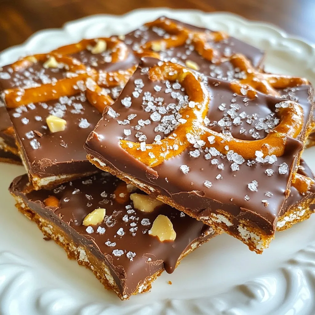 - 2 cups mini pretzels - 1 cup semi-sweet chocolate chips - 1 cup caramel candies (unwrapped) - 2 tablespoons heavy cream - Sea salt (to taste) - Optional: 1/2 cup chopped nuts (such as pecans or almonds) for added crunch To make Chocolate Caramel Pretzel Bark, you need a few key ingredients. First, gather 2 cups of mini pretzels. These add a wonderful crunch and a salty flavor. Next, grab 1 cup of semi-sweet chocolate chips. They bring a rich sweetness that pairs well with the caramel. You will also need 1 cup of caramel candies. Make sure they are unwrapped to save time. Add 2 tablespoons of heavy cream. This helps to melt the caramel into a smooth sauce. Don't forget sea salt for that perfect sweet and salty balance. If you want extra texture, consider adding 1/2 cup of chopped nuts. Pecans or almonds work great. They give a nice crunch and flavor. With these ingredients, you are ready to create a delicious treat that everyone will love! {{ingredient_image_2}} First, you need to preheat your oven to 350°F (175°C). This step warms your oven, so the caramel will bubble nicely. Next, take a baking sheet and line it with parchment paper. This prevents the bark from sticking and makes cleanup easy. In a small saucepan, add 1 cup of unwrapped caramel candies and 2 tablespoons of heavy cream. Set the heat to low. Stir the mixture constantly as it melts. Keep stirring until it becomes smooth and creamy. This usually takes about 5 minutes. Once melted, remove the saucepan from the heat right away. Now, spread 2 cups of mini pretzels evenly on the prepared baking sheet. Make sure they are in a single layer for the best coverage. Drizzle the melted caramel over the pretzels. Use a spatula to help spread it evenly. Next, place the baking sheet in the oven for about 5 minutes. You want the caramel to bubble a bit. While the pretzels bake, it’s time to melt the chocolate. In a microwave-safe bowl, add 1 cup of semi-sweet chocolate chips. Heat the bowl in the microwave in 30-second bursts. Stir the chocolate after each interval until it is fully melted and smooth. This helps to avoid burning the chocolate. Carefully pour the melted chocolate over the caramel-coated pretzels. Use a spatula to spread it evenly over the surface. Make sure all the caramel is covered. Now, sprinkle some sea salt on top for a nice touch. If you want extra crunch, add ½ cup of chopped nuts and press them gently into the chocolate. Allow the bark to cool at room temperature or refrigerate for about 30 minutes until it hardens. Once set, break the bark into bite-sized pieces and enjoy! To melt chocolate and caramel, keep the heat low. This prevents burning. For caramel, mix it with heavy cream. Heat slowly, stirring all the time. This makes it smooth. For chocolate, use a microwave. Heat it in short bursts of 30 seconds. Stir in between to get a nice, creamy texture. To stop the bark from sticking, always line your baking sheet with parchment paper. This makes it easy to lift the bark out later. You can also let the bark cool completely before breaking it. If you want, you can spray a bit of non-stick spray on the paper. This adds another layer of protection against sticking. For serving, break the bark into bite-sized pieces. This makes it easy to share. You can serve it on a pretty plate or in small bags for gifts. Add a sprinkle of sea salt on top for a taste boost. If you want extra crunch, try mixing in chopped nuts. Enjoy your bark with a cup of hot cocoa or coffee. It’s great for parties or movie nights! Pro Tips Use Fresh Caramels: Ensure your caramel candies are fresh for the best melt and flavor. Stale caramels may not melt properly. Monitor Chocolate Melting: When melting chocolate in the microwave, stir frequently. This prevents overheating and ensures a smooth consistency. Customize Your Nuts: Feel free to experiment with different nuts, like walnuts or hazelnuts, to add unique flavors and textures to your bark. Storage Tips: Store the bark in an airtight container at room temperature to maintain its crunchiness. Refrigeration can cause it to become too hard. {{image_4}} You can add different nuts to your chocolate caramel pretzel bark. Nuts give it a nice crunch and flavor. Here are some options: - Pecans - Almonds - Walnuts - Cashews Try to chop the nuts into small pieces. This way, they mix well with the bark. You can also toast the nuts for extra flavor. Just bake them for a few minutes before adding them. You can make this bark unique by adding flavorings or spices. Here are some great ideas: - A dash of cinnamon for warmth - A sprinkle of cayenne for heat - A drop of vanilla extract for sweetness Mix these into the chocolate or caramel. This adds a fun twist and surprises your taste buds. You can use white or dark chocolate instead of semi-sweet chocolate. Each type will change the flavor: - White chocolate gives a creamy, sweet taste. - Dark chocolate adds richness and depth. To use these, just melt them like you do with semi-sweet. Pour and spread over the pretzels as usual. Each choice makes the bark special. To keep your chocolate caramel pretzel bark fresh, use an airtight container. Place parchment paper between layers to prevent sticking. Store it in a cool, dry place. This will help maintain its crunch and flavor. When stored properly, your bark can last up to two weeks. After that, it may lose its crispness. Always check for any signs of spoilage before enjoying. If it looks or smells off, it's best to throw it away. You can freeze your chocolate caramel pretzel bark. Wrap it tightly in plastic wrap and then in aluminum foil. This protects it from freezer burn. It can last up to three months in the freezer. When you’re ready to enjoy it, let it thaw in the fridge for a few hours. Yes, you can use other chocolates. Dark chocolate gives a rich flavor. White chocolate adds sweetness. Each type changes the taste. Experiment with what you like best! The bark takes about 30 minutes to set in the fridge. At room temperature, it may take longer. You want it firm but not too hard. Keep an eye on it! You can make this recipe vegan with a few swaps. Use vegan chocolate and caramel. Replace heavy cream with coconut cream. This keeps the yummy taste while being plant-based! This recipe can be gluten-free if you use gluten-free pretzels. Always check labels for any hidden gluten. Enjoy your tasty bark without worry! This article covered how to make delicious Chocolate Caramel Pretzel Bark. You learned about the ingredients, steps, and tips for melting chocolate and caramel. I shared variations and storage tips to keep your bark fresh. Remember to try different nuts and flavors for new tastes. Baking can be fun and rewarding, so get creative in your kitchen! Enjoy your tasty treat and share it with friends!