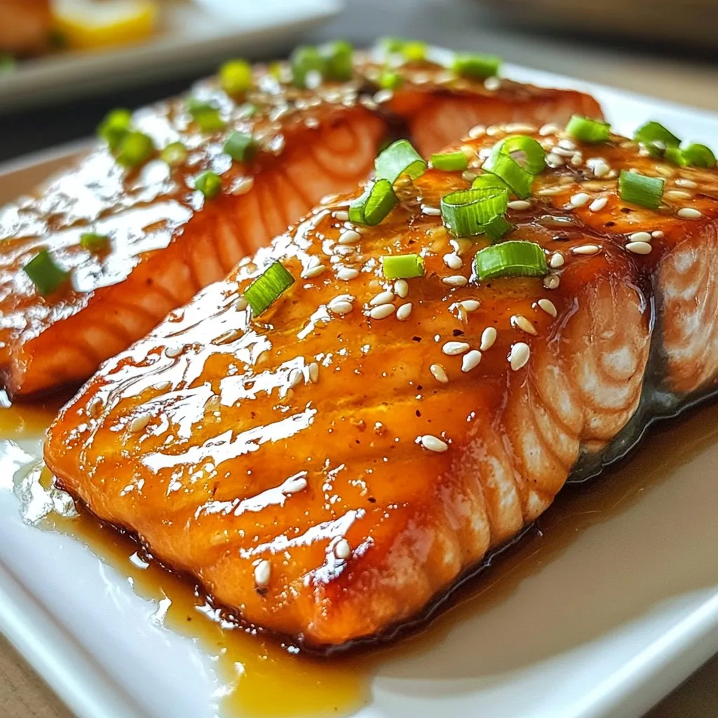 - 4 salmon fillets (approximately 6 oz each) - 1/4 cup pure honey - 3 tablespoons soy sauce - 3 cloves garlic, finely minced - 1 tablespoon fresh ginger, finely grated - 1 tablespoon sesame oil (plus extra for cooking) - 1 tablespoon sesame seeds (for elegant garnish) - 2 green onions, thinly sliced (for vibrant garnish) - Salt and freshly ground black pepper, to taste In this recipe, it all starts with fresh salmon fillets. They are the star of the dish, so choose high-quality fish. Honey gives the glaze sweetness and a lovely shine. Soy sauce adds depth and a savory touch. The garlic and ginger bring a warm, aromatic flavor. Sesame oil rounds out the taste with a nutty finish. For garnishes, sesame seeds add a nice crunch, while green onions give a fresh look and taste. Don’t forget to season with salt and pepper. It enhances all the flavors. With these ingredients, you create a dish that is simple yet full of flavor. {{ingredient_image_2}} To start, grab a medium bowl. Add 1/4 cup of pure honey. Next, pour in 3 tablespoons of soy sauce. Then, add 3 cloves of finely minced garlic and 1 tablespoon of finely grated ginger. Finally, whisk these ingredients together until smooth. This honey garlic mixture will make your salmon shine! Now, take your 4 salmon fillets. Lightly sprinkle salt and freshly ground black pepper on both sides. This step enhances the flavor. Even a small amount of seasoning makes a big difference. Heat a large non-stick skillet over medium heat. Drizzle a little sesame oil to coat the bottom. When the skillet is hot, place the salmon fillets skin-side down. Cook them for about 4-5 minutes. You want the skin to be golden and crispy. Gently flip each fillet using a spatula. Pour the honey garlic mixture over the salmon right after flipping. Keep cooking for another 4-5 minutes. Baste the fillets with the sauce often. This keeps them juicy and helps the glaze thicken. When the salmon is done, carefully take it out of the skillet. Let it rest for a minute to keep the juices in. Serve the salmon on a plate. Drizzle any remaining sauce from the pan over the top. For a colorful finish, sprinkle sesame seeds and sliced green onions on each fillet. Enjoy this tasty dish! To get the right glaze, you want a smooth mix. Start with honey and soy sauce. Whisk them well with garlic and ginger. The honey should not be too thick; it should coat the back of a spoon. If it's too thick, add a splash of water. This helps it spread better on the salmon. When cooking salmon, you can grill or bake. Both methods work well. For grilling, preheat the grill and oil the grates. Place the salmon skin-side down. Cook for about 4-5 minutes each side, adding glaze as you go. For baking, set the oven to 400°F. Place the salmon on a baking dish and pour the glaze on top. Bake for 12-15 minutes. Both ways make the salmon tender and juicy. To boost flavor, add spices! Try a pinch of chili flakes for heat or lemon zest for brightness. Fresh herbs like cilantro or parsley also work great. You can mix these into the glaze or sprinkle them on top before serving. They add color and taste to your dish. Pro Tips Fresh Ingredients: Always use fresh garlic and ginger for the best flavor profile in your glaze. Skin-Side Down First: Cooking the salmon skin-side down first helps to achieve a crispy texture while keeping the fish moist. Basting is Key: Baste the salmon with the sauce frequently to ensure that every bite is packed with flavor and to help the glaze thicken perfectly. Resting Time: Allow the salmon to rest for a minute after cooking to let the juices redistribute for a more tender bite. {{image_4}} You can easily change the flavor of your honey garlic glazed salmon. One way is by adding spices. Try adding chili flakes for heat. A bit of citrus zest can brighten the dish. You can also use fresh herbs like cilantro or parsley. This adds a new twist and keeps it fresh. If you want to switch up the sauce, consider using maple syrup. It gives a nice sweetness similar to honey. Coconut aminos is another great choice. It adds a savory umami flavor, perfect for a different taste. Not just salmon can shine in this recipe. You can substitute other fish types like trout or halibut. These fish have a similar texture and will soak up the glaze well. Just adjust the cooking time based on the thickness of the fillets. Enjoy your cooking adventure! To store leftover honey garlic glazed salmon, place it in an airtight container. Make sure it cools to room temperature first. Store it in the fridge for up to three days. This way, the salmon stays fresh and tasty. When you're ready to eat it again, keep the glaze separate to maintain flavor. If you want to freeze the salmon, wrap each fillet tightly in plastic wrap. Then, place them in a freezer bag or a freezer-safe container. Label it with the date. The salmon will keep well in the freezer for up to three months. When you’re ready to use it, thaw it in the fridge overnight. For the best taste, reheat the salmon in the oven. Preheat it to 350°F. Place the salmon on a baking sheet and cover it with foil. Heat for about 10-15 minutes, or until warm. You can also use a microwave, but do so carefully. Heat in short bursts to avoid drying it out. Enjoy your leftover meal just as much as the first time! Honey garlic glazed salmon lasts for about three days in the fridge. Make sure to store it in an airtight container. This keeps the salmon fresh and tasty. If you want to keep it longer, consider freezing it. Yes, you can make the glaze ahead of time. Mix honey, soy sauce, garlic, and ginger in a bowl. Store the glaze in the fridge for up to a week. This saves time when you’re ready to cook. Many sides go well with honey garlic glazed salmon. Here are some great options: - Steamed broccoli - Roasted asparagus - Rice or quinoa - Wilted spinach - Mashed sweet potatoes These sides add color and flavor to your meal. In this post, we explored how to make honey garlic glazed salmon. We covered essential ingredients like salmon, honey, and soy sauce. You learned to prepare the marinade and season the fish. Cooking tips can help perfect your glaze and enhance flavors. We even discussed fun variations and how to store leftovers. Remember, making this dish is easy and enjoyable. Try it out and impress your friends and family. You will love how simple it is to create a tasty meal.