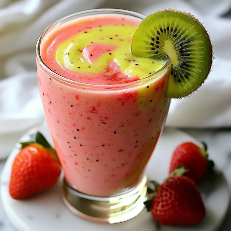 When making a Strawberry Kiwi Smoothie, you need just a few fresh ingredients. Here’s what you will need: - 1 cup fresh strawberries, hulled and sliced - 2 ripe kiwis, peeled and roughly chopped - 1 medium banana, frozen - 1/2 cup Greek yogurt - 1 cup coconut water (or almond milk) - 1 tablespoon honey or maple syrup (optional) - 1 tablespoon chia seeds - A handful of ice cubes (optional) Each ingredient plays a role in making your smoothie delicious. Fresh strawberries bring a sweet, juicy flavor. Ripe kiwis add a tangy twist, balancing the sweetness. A frozen banana creates a creamy texture, making your smoothie thick and smooth. Greek yogurt adds protein and creaminess. Using coconut water or almond milk gives a tasty base. If you like it sweeter, add honey or maple syrup. Chia seeds boost nutrition with omega-3s and fiber. Ice cubes make your smoothie thicker and colder. Gather all these ingredients, and you're ready to blend a refreshing treat! {{ingredient_image_2}} 1. Hulling strawberries: Start by removing the green tops of the strawberries. Slice them into smaller pieces. This helps them blend well. 2. Peeling and chopping kiwis: Take the ripe kiwis and peel off their skin. Chop them into rough chunks. This makes them easy to mix. 3. Freezing the banana: Make sure your banana is frozen. This adds creaminess to your smoothie. If not frozen, slice it and freeze it for at least two hours. 1. Adding ingredients to the blender: In a blender, add the hulled strawberries, chopped kiwis, and frozen banana. Also, include Greek yogurt for creaminess and coconut water or almond milk for a smooth texture. 2. Optional sweetener addition: If you like your smoothie sweeter, drizzle in honey or maple syrup. This step is optional and based on your taste. 3. Incorporating chia seeds: Add chia seeds for extra nutrition. They boost omega-3s and fiber in your drink. 4. Adding ice cubes (if desired): If you want a thicker smoothie, toss in some ice cubes. This makes it colder and creamier. 1. Blending time and consistency check: Blend the mixture on high speed. This should take about 30 seconds to a minute. Check if it is smooth and creamy. 2. Adjusting sweetness and thickness: Taste your smoothie. If it needs more sweetness, add more honey or syrup. If it's too thick, add more coconut water or almond milk. Blend again if needed. To make your smoothie shine, choose your yogurt wisely. Greek yogurt adds creaminess and protein. You can pick plain for a tart taste or vanilla for sweetness. If you want to add some extra sweetness, consider honey or maple syrup. Just a spoonful can make a big difference. Frozen fruit is key for a thick, creamy smoothie. It makes your drink cold and smooth. If you use fresh fruit, add ice cubes to thicken it up. For a thinner smoothie, simply add more liquid, like coconut water or almond milk. Start with one cup and adjust as needed. For a fun finish, garnish your smoothie with a slice of kiwi and whole strawberries. This makes it look beautiful and inviting. Use bright, colorful straws to add a playful touch. It’s not just about taste; it’s about making it fun to drink! Pro Tips Choose Ripe Fruits: Ensure your strawberries and kiwis are ripe for the best flavor and natural sweetness in your smoothie. Frozen Banana Benefits: Using a frozen banana not only adds creaminess but also keeps your smoothie chilled without needing ice, which can dilute the flavor. Sweetness Balance: Start with less sweetener and adjust to taste. This way, you can control the sweetness and keep it healthy. Experiment with Add-ins: Feel free to add other superfoods like spinach, protein powder, or nut butter for extra nutrition and flavor variations. {{image_4}} You can switch up the fruits in your smoothie. Try using mango or pineapple for a fun twist. These fruits add a tropical vibe and change the taste. If you want a dairy-free option, use coconut yogurt instead of Greek yogurt. It keeps the creaminess and adds a hint of coconut flavor. Want to boost your smoothie? Add protein powder. It helps keep you full longer. Try plant-based options for a vegan-friendly choice. Leafy greens like spinach or kale are great add-ins too. They blend well and give you extra vitamins without changing the taste much. For a tropical twist, mix in some coconut. Coconut water is already in the recipe, but coconut flakes can add texture. You can also create berry blends. Combine strawberries with blueberries or raspberries for a mixed berry flavor. This gives your smoothie a new taste profile and more nutrients. To store your smoothie, pour any leftovers into a clean jar. Seal it tightly and place it in the fridge. It will stay fresh for a day. If you want to keep it longer, freezing is a great option. Pour the smoothie into ice cube trays or freezer-safe containers. This way, you can use it later. In the fridge, your smoothie lasts about 24 hours. After that, the flavor and texture may change. For freezing, it’s best to use the smoothie within three months. For best results, label the containers with the date. This helps you keep track of freshness. To enjoy your frozen smoothie, take it out of the freezer. Let it sit in the fridge overnight to thaw. If you need it faster, you can run the container under warm water. After thawing, mix it well to restore the texture. If it’s too thick, add a splash of coconut water or almond milk to return its creaminess. You can make your smoothie healthier by adding leafy greens like spinach. Adding spinach boosts nutrients without changing the taste. You can also use low-fat Greek yogurt for fewer calories. Swap out honey for mashed banana to cut sugar. Finally, adding chia seeds increases fiber and omega-3s. Yes, you can use frozen fruits instead of fresh. Frozen strawberries and kiwis can make your smoothie colder and thicker. They also save time and last longer. Just make sure to adjust the liquid since frozen fruits can add extra thickness. Smoothies are great for breakfast or as a snack. They give you energy and nutrients to start your day. You can also drink them after working out for a quick recovery. Enjoy them any time you need a refreshing treat! You can adjust the sweetness by adding sweeteners. Honey or maple syrup is a good choice. If you want less sugar, try adding more ripe banana. Taste your smoothie and keep adding until it fits your liking. You now have everything needed to make a delicious Strawberry Kiwi Smoothie. We covered the ingredients, step-by-step instructions, and tips for great flavor. You can also explore variations to match your taste. Remember to store any leftovers properly to enjoy later. Smoothies are fun and healthy; play with flavors and textures to find your favorite. This drink can easily fit into your daily routine. Enjoy creating and sharing your smoothies!