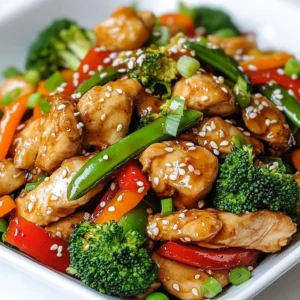- 1 lb (450g) boneless chicken breasts, sliced into thin strips - 2 tablespoons honey - 3 tablespoons low-sodium soy sauce - 1 cup broccoli florets - 1 red bell pepper, sliced into thin strips - 1 medium carrot, cut into julienne strips - ½ cup snap peas Chicken breasts are the heart of this dish. They provide a juicy base that absorbs flavors well. Honey and soy sauce create a sweet and savory marinade. Fresh vegetables like broccoli, bell pepper, carrot, and snap peas add color and crunch. Together, they make the dish vibrant and nutritious. - 2 cloves garlic, minced - 1 tablespoon fresh ginger, minced - 2 tablespoons vegetable oil (or substitute with sesame oil for an additional flavor boost) - 2 green onions, sliced (for garnish) - Sesame seeds (for garnish) - Salt and pepper, to taste Minced garlic and ginger bring warmth and zest to the meal. You can use vegetable oil for a neutral taste, or sesame oil for a nutty flavor. Green onions and sesame seeds add a fresh touch and a bit of crunch. Adjusting salt and pepper will help you perfect the taste to your liking. {{ingredient_image_2}} In a small bowl, whisk together these ingredients: - 2 tablespoons honey - 3 tablespoons low-sodium soy sauce - 2 cloves garlic, minced - 1 tablespoon fresh ginger, minced This creates a sweet and savory sauce. Set it aside for later. Heat 2 tablespoons of vegetable oil in a large skillet over medium-high heat. When the oil starts to shimmer, add 1 pound of sliced boneless chicken breasts. Stir-fry the chicken for about 5 minutes. You want it golden brown and fully cooked. Once done, transfer the chicken to a plate. In the same skillet, add the remaining tablespoon of oil. Now toss in: - 1 cup broccoli florets - 1 red bell pepper, sliced - 1 medium carrot, cut into strips - ½ cup snap peas Stir-fry these for about 3 to 4 minutes. Cook until they are tender-crisp and colorful. Return the cooked chicken to the skillet. Pour the honey garlic sauce over everything. Stir to coat the chicken and veggies evenly. Let the mix cook for another 2 to 3 minutes. This thickens the sauce and adds flavor. Taste it and adjust seasoning with salt and pepper as needed. Garnish your dish with sliced green onions and sesame seeds before serving. For the best texture, use high heat when stir-frying. This method cooks the chicken fast. It gives you a nice sear. A hot skillet or wok is key. It helps seal in the juices, making the chicken tender. Don't overcrowd the pan; this can lower the heat. Cook in batches if needed for even cooking. Want to amp up the flavors? Try adding spices like red pepper flakes for heat. You can also toss in some chopped nuts for crunch. Cashews or peanuts work great here. If you like a tangy flavor, a splash of rice vinegar adds depth. Fresh herbs, like cilantro, can brighten the dish too. To make your dish look inviting, use colorful bowls or plates. Serve your stir-fry on a bed of white or brown rice. This adds contrast and makes it more appealing. For added flair, sprinkle sesame seeds on top. Garnish with sliced green onions for a fresh touch. An appealing presentation makes meals more enjoyable! Pro Tips Marinate for Flavor: For an even deeper flavor, consider marinating the chicken in the honey garlic sauce for at least 30 minutes before cooking. High Heat Cooking: Make sure your skillet or wok is hot enough before adding the chicken. This helps to sear the meat quickly, locking in the juices. Veggie Variety: Feel free to substitute or add other vegetables like bell peppers, zucchini, or mushrooms to customize the stir-fry to your taste. Garnish for Appeal: Don't skip the garnishes! Sliced green onions and sesame seeds not only enhance the flavor but also add a beautiful presentation to your dish. {{image_4}} You can swap chicken for other proteins. Try using tofu for a vegetarian option. Tofu absorbs flavors well and adds a nice texture. Shrimp is another great choice. It cooks quickly and pairs perfectly with honey garlic sauce. For a unique twist, use beef strips or pork. Each option gives a different taste. Feel free to change up the veggies. Seasonal choices can make your dish fresh. In spring, use asparagus or snap peas. In the summer, add zucchini or bell peppers. Fall favorites include butternut squash and Brussels sprouts. Winter brings hearty options like kale or cabbage. Mix and match to keep things exciting! You can make this dish gluten-free easily. Just choose a gluten-free soy sauce. For low-carb diets, swap the honey for a sugar-free substitute. You can also skip the rice or noodles. Instead, serve it over cauliflower rice. These changes keep the meal tasty and healthy for different diets. Store leftover Honey Garlic Chicken Stir-Fry in an airtight container. This keeps it fresh for up to three days. Make sure to let the dish cool before sealing it. Avoid leaving it out at room temperature for too long. If you want to freeze it, let the dish cool completely. Place it in a freezer-safe container or bag. This meal can last up to three months in the freezer. To reheat, simply thaw it overnight in the fridge before cooking. To keep the chicken tender and the veggies crisp, use a skillet. Heat it over medium heat and add a splash of water. Cover the skillet for a few minutes. This helps steam the dish while keeping it juicy. You can also microwave it in short bursts, stirring in between, to warm it through evenly. You can enjoy this stir-fry with several side dishes. Here are some ideas: - Steamed white or brown rice - Noodles, like rice or egg noodles - Quinoa for a healthy twist - A fresh green salad with a light dressing - Cauliflower rice for a low-carb option These sides will balance the flavors and add more texture to your meal. Yes, you can prepare this dish ahead of time. Here are some tips: - Cook the chicken and veggies, then let them cool. - Store them in an airtight container in the fridge for up to three days. - You can also freeze the stir-fry. It lasts about two months in the freezer. - When ready to eat, reheat in a skillet until hot. This makes it easy to enjoy a quick meal on busy days. This recipe is healthy for several reasons: - Lean Protein: Chicken breasts are low in fat and high in protein. - Fresh Vegetables: Broccoli, bell peppers, and snap peas are full of vitamins. - Low-Sodium Soy Sauce: This reduces salt intake while still adding flavor. - Natural Sweetener: Honey is a better choice than refined sugar. These elements create a balanced meal that supports your health. You can easily customize the sauce's sweetness: - Add More Honey: If you prefer a sweeter taste, drizzle in more honey. - Use Less Honey: For a less sweet flavor, cut back on the honey. - Add Other Ingredients: Mix in a splash of vinegar or lime juice for tanginess. Adjusting the sweetness can help you find the perfect taste for your dish. This honey garlic chicken stir-fry is easy to make and packed with flavor. You learned about the key ingredients, cooking steps, and how to add your personal touch. You can swap proteins or veggies to change things up. Store leftovers right to enjoy later. Remember, food can be healthy while still tasting great. I hope you feel inspired to cook this dish and make it your own. Enjoy every bite!